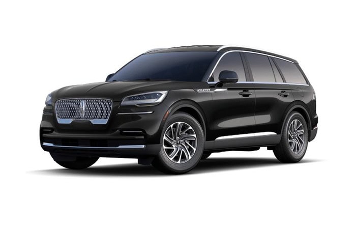 A black Lincoln Aviator SUV is shown on a white background, viewed from the front left side. Perfect for black car service Newark, NJ, the vehicle features chrome accents, large wheels, and tinted windows.