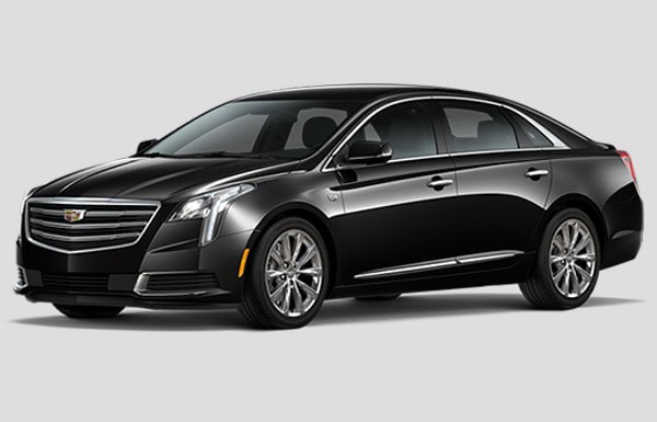 A black Cadillac sedan with chrome accents, tinted windows, and sleek styling—perfect for black car service Newark or limo service in Newark, NJ—shown against a plain gray background.